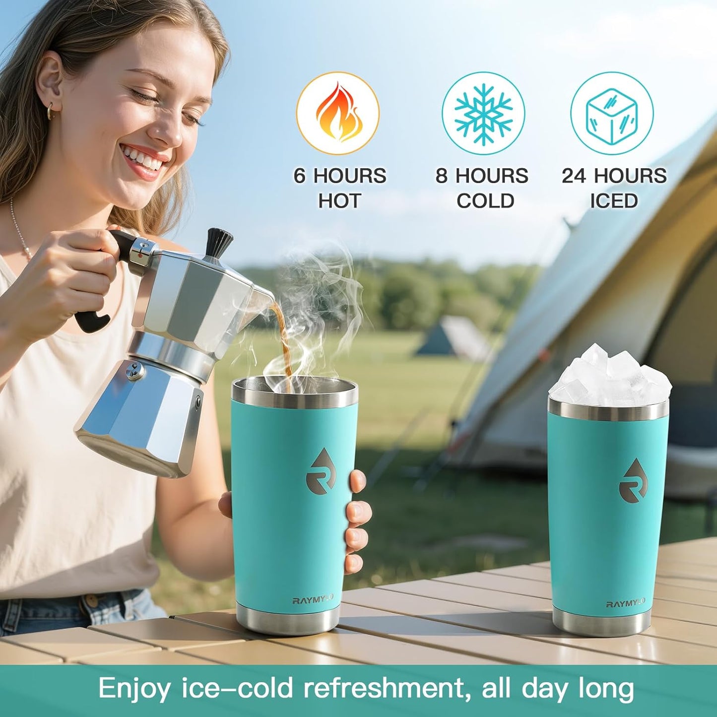 20 oz Coffee Tumbler - Insulated Stainless Steel Travel Mug for Hot/Cold, Spill Proof with BPA-Free Detachable Lid, Coffee Cup Fits Most Car holder, Includes Chic Stickers, Seafoam