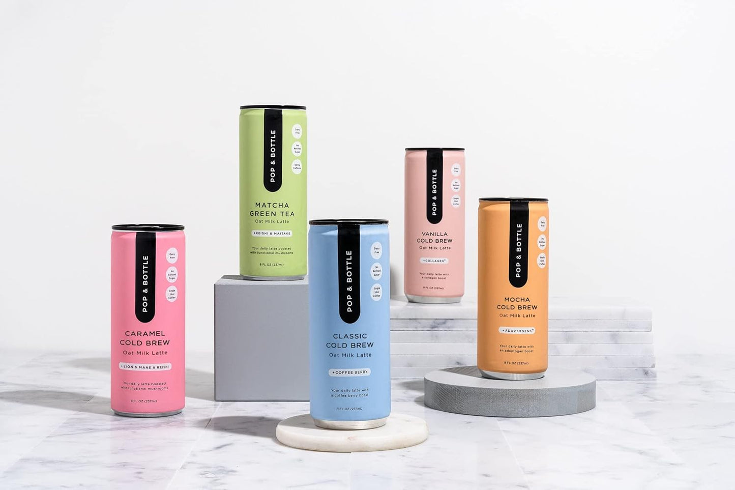 Pop & Bottle, Oat Milk Lattes - Maca, Antioxidants, Ashwagandha, MCT Oil, Collagen, Mushrooms, Organic, Dairy & Gluten Free, Great as Iced Coffee, Lightly Sweetened with Dates - 8 Fl Oz (15 Pack)