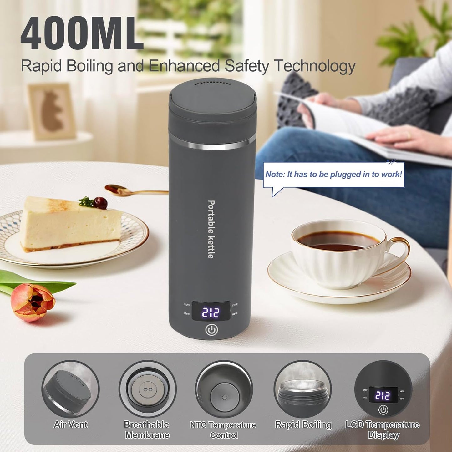 Travel Electric Kettle Portable Mini Kettle,Small Hot Water Boiler with 4 Temperature Settings,304 Stainless Steel,Fast Boiling Water with Auto Shut-Off and Boil Dry Protection,400ml (Grey, 400ml)