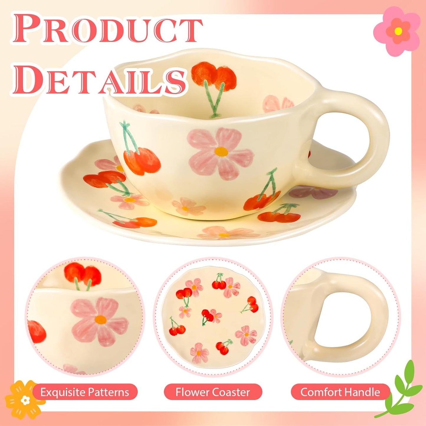Cappuccino Cups with Saucers 8 oz Latte Art Cup Ceramics Coffee Mugs Irregular Aesthetic Flower Cups for Espresso, Double Shot, Americano, Latte, Tea - Microwave and Dishwasher Safe (Pink Cherry)