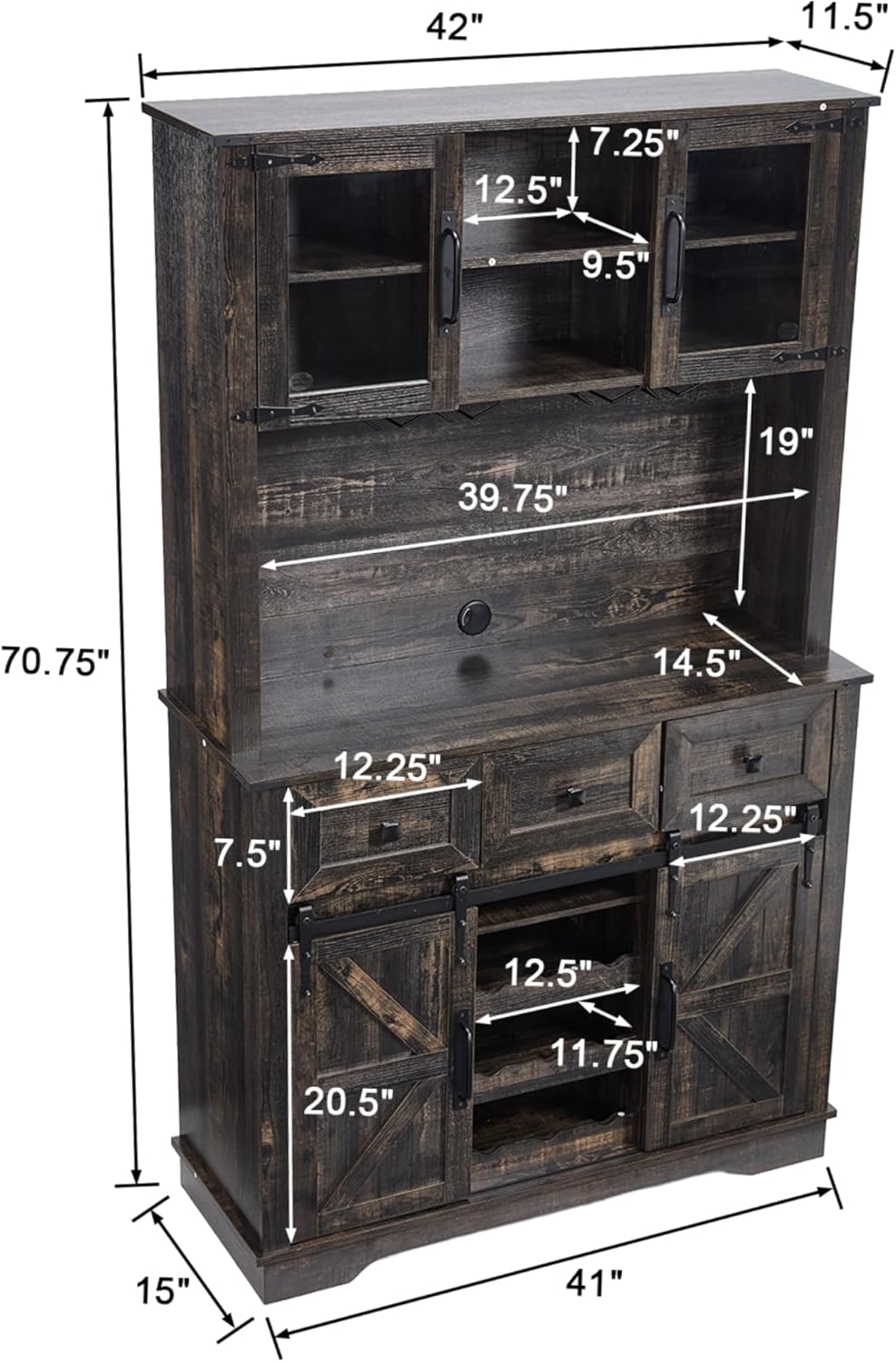Coffee Bar Cabinet with Sliding Barn Doors 71'' Farmhouse Pantry Cabinet with Drawers & Wine Glass Rack Rustic Buffet Cabinet for Kitchen, Black