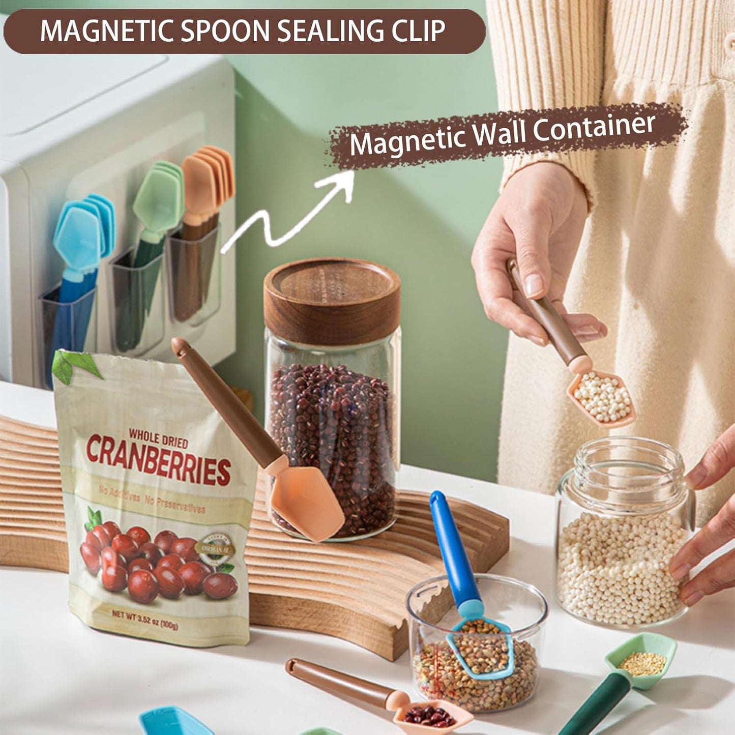 2 SET of 8 PCS Multi-functional sealing clip with measuring spoon Magnetic Coffee Measuring Spoon Sealing Clips with Wall Container Mount, PP materia, Deep Bowl Design (Black)