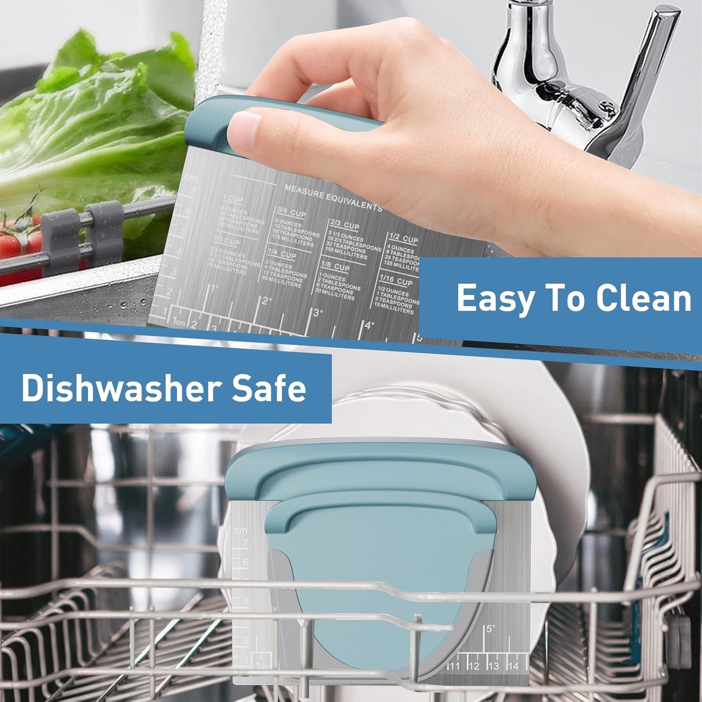 2 IN 1 Upgrade Bench Scraper, Dough Scraper for Pastry Bread Cake Pizza, Stainless Steel Dough Cutter with Conversion Chart & Measuring Scale, Bowl Scraper Food Scraper for Kitchen Baking, Blue