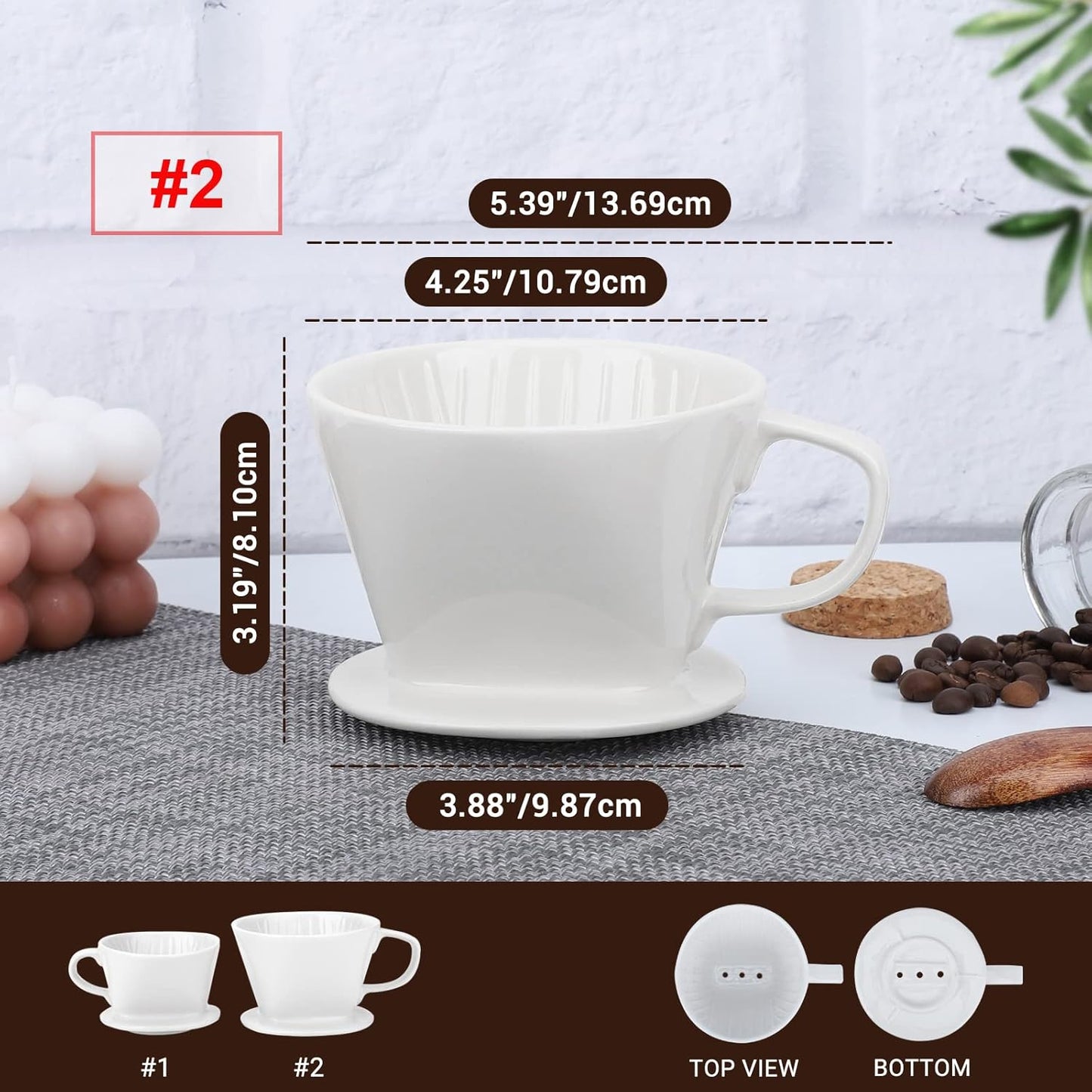 Segarty Pour Over Coffee Maker, Single Cup White Ceramic Coffee Dripper, Size No.2 Reusable Filter Cone Drip Holder Slow Brewer with 3 Holes Flat Bottom for Home, Office, Travel, Camping