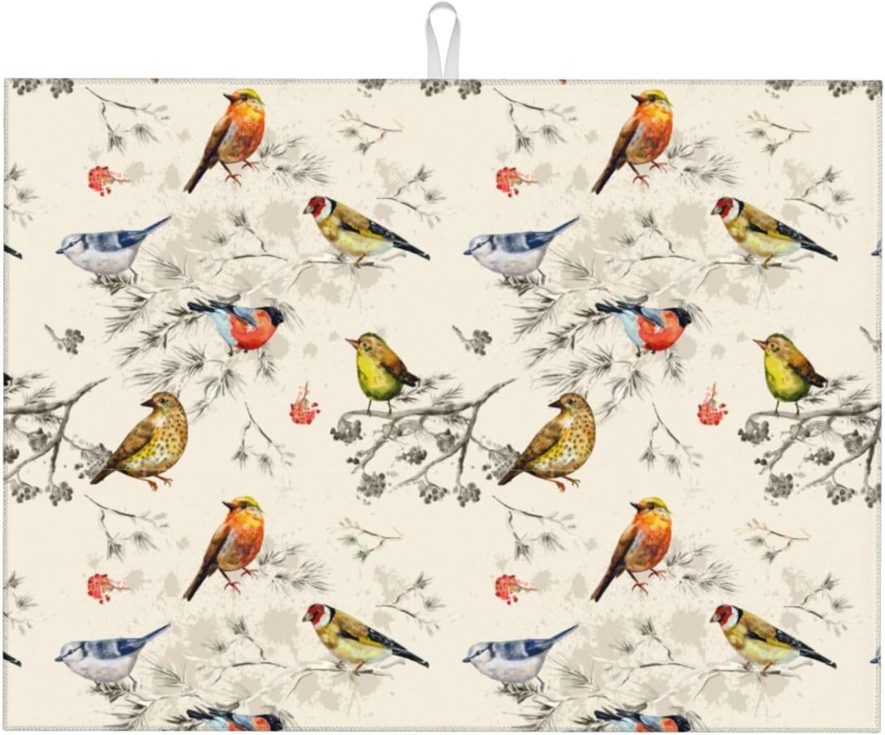 Spring Birds Dish Drying Mat Chinoiserie Watercolor Floral Branch Colorful Bird Microfiber Absorbent Drying Mats Reversible Kitchen Countertop Protector Dishes Drainer Rack Pad 18x24 Inch