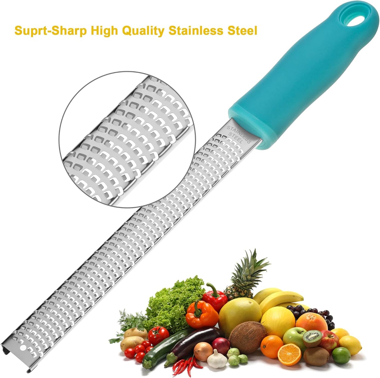 Lemon Zester, Stainless Steel Kitchen Cheese Grater, Plastic Cover Ergonomic Soft Blue Handle