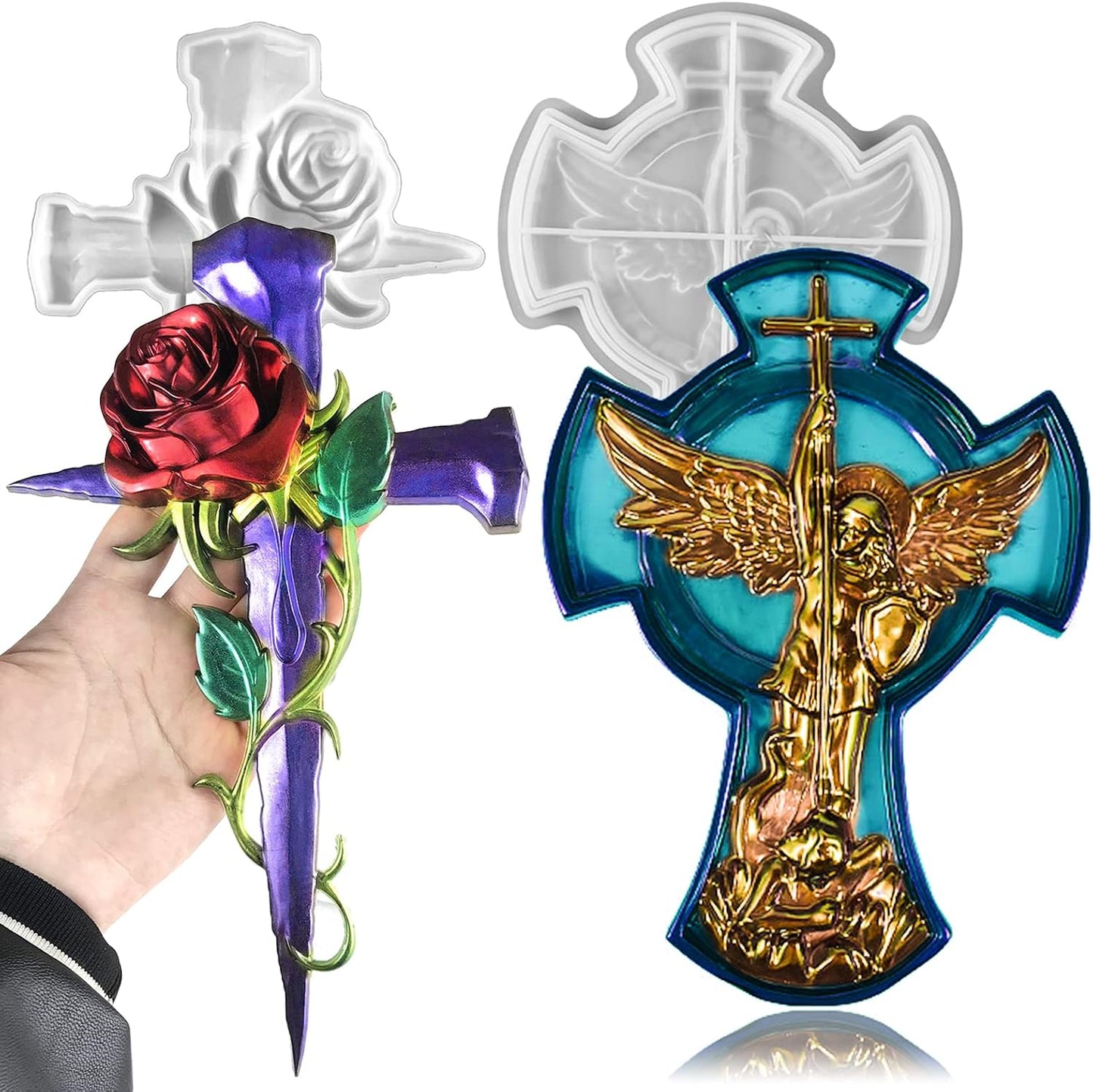 Wehous 2PCS Large Cross Resin Molds, 3D Silicone Resin Molds for Epoxy Casting, Cool Rose Cross Mold Angle Cross Tray Mold for Resin Clay Art Crafts Storage Wall Hanging Decor