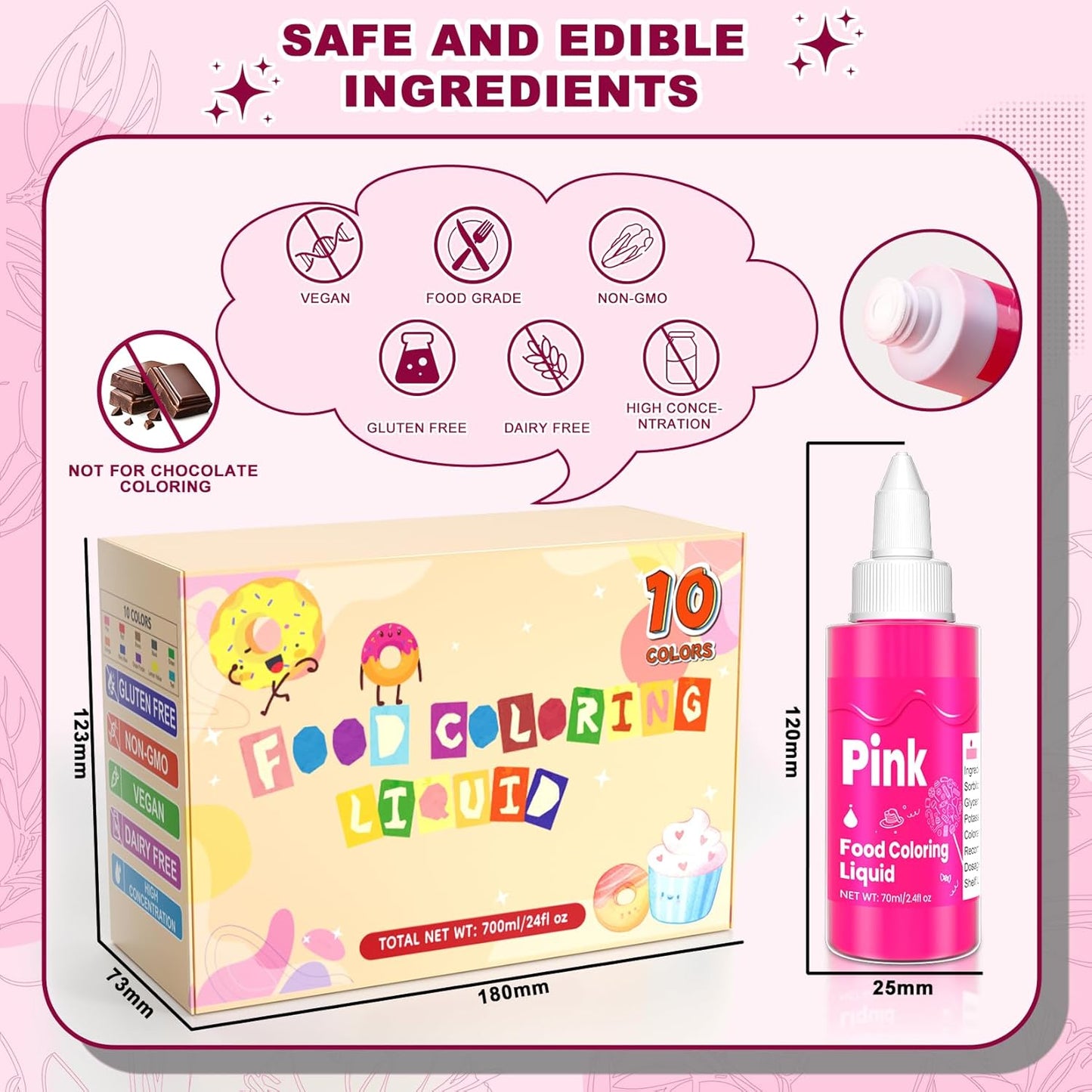 Food Coloring Liquid -10 Colors x 70ml Food Dye Set, Large Capacity Vibrant Edible Paint for Frosting, Cake Decorations, Easter Egg, Baking, Fondant, Slime Making Kit, Easy to Use - 24 Fl. oz