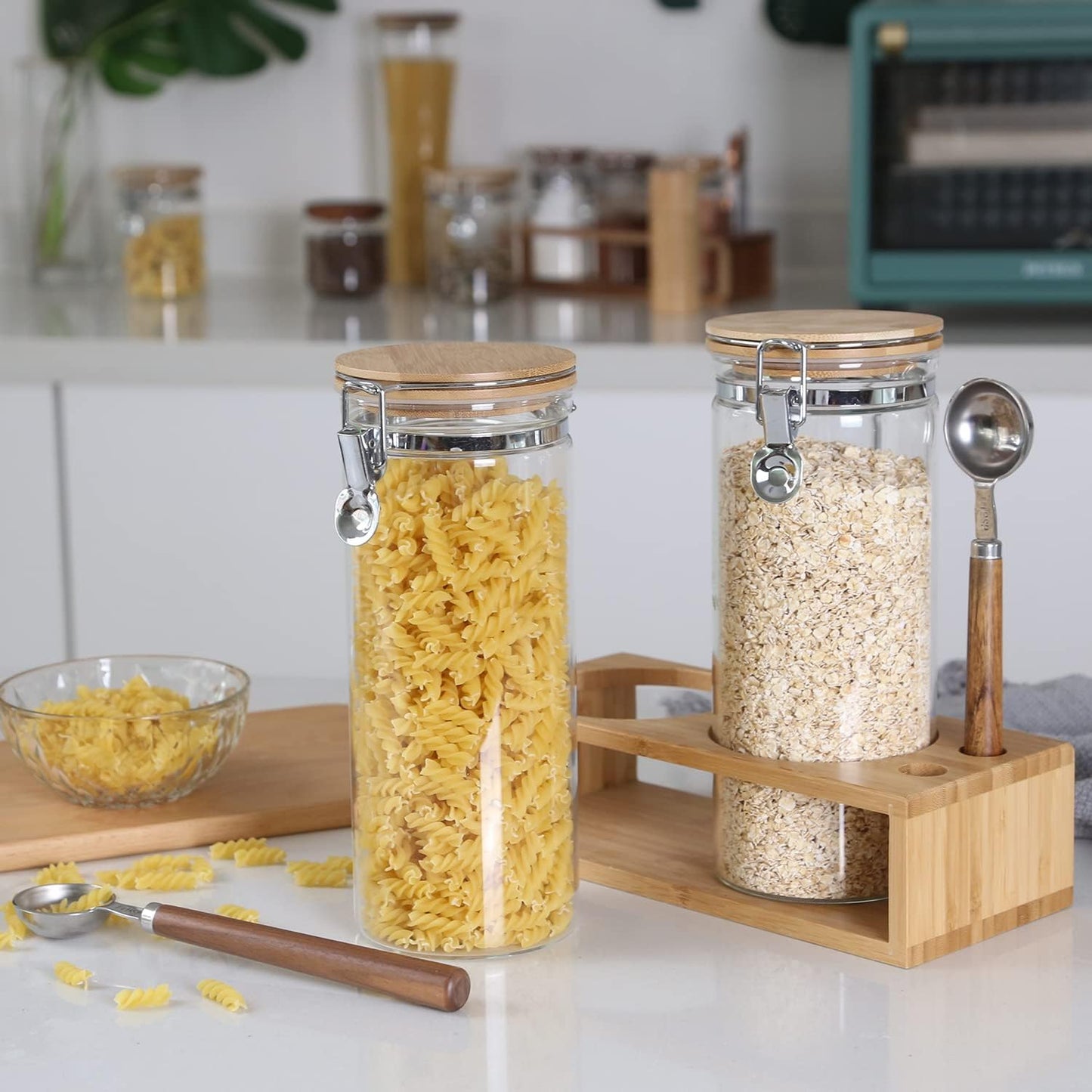 KKC Airtight Tall Glass Coffee Sugar Jar Canisters with Hinged Lids and Scoops for Kitchen Countertop,Sealed Glass Containers for Ground Coffee, Beans,Brown Sugar,Loose Tea,Cereal,Oatmeal,Flour