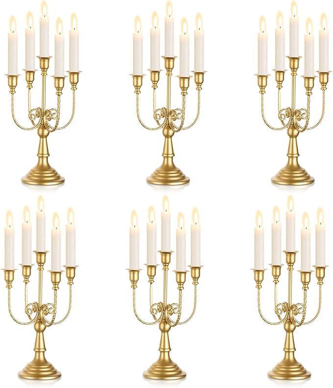 Sziqiqi Candelabra Candle Holder Gold Set of 6-5-arm Metal Candlestick Holders for Taper Candles for Centerpieces Table Wedding Christmas Fireplace Decor Birthday