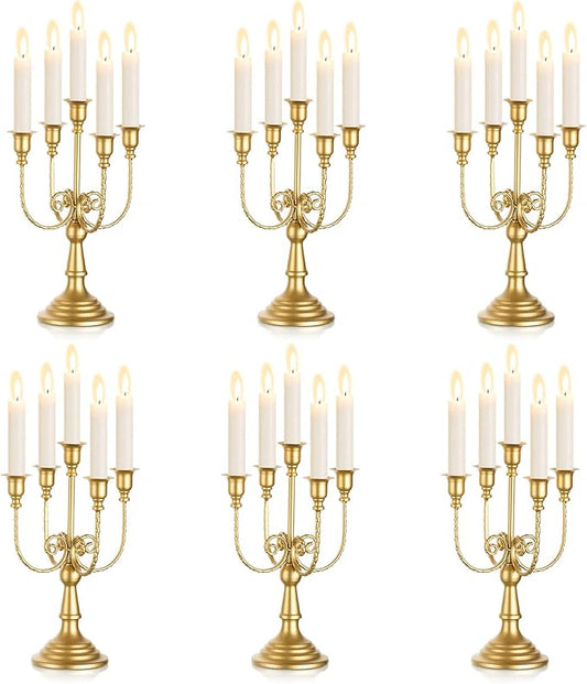 Sziqiqi Candelabra Candle Holder Gold Set of 6-5-arm Metal Candlestick Holders for Taper Candles for Centerpieces Table Wedding Christmas Fireplace Decor Birthday
