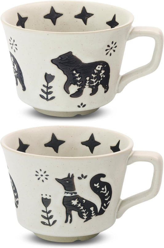 Ceramic Coffee Mug, 12 oz Novelty Unique Teacup with Large Handle, Stoneware Cup for Tea Mocha Latte Cappuccino Espresso (Set of 2, Fox and Bear)