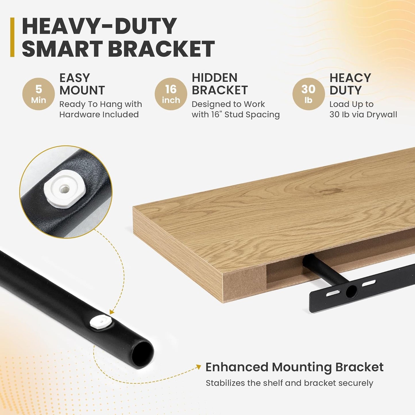 16 Inch Floating Shelves, 9.3" Deep Floating Shelf Wall Mounted, 16" Wall Shelves, Rustic Deep Bookshelf, Large Display Shelves & Storage Shelves for Bedroom, Living Room, Oak, Set of 2