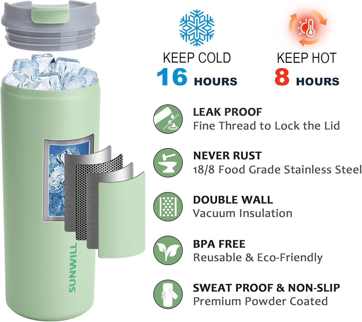 SUNWILL Travel Coffee Mug with Lid, Stainless Steel Coffee Tumbler Cups 16 oz Leakproof, Powder Coated Matcha