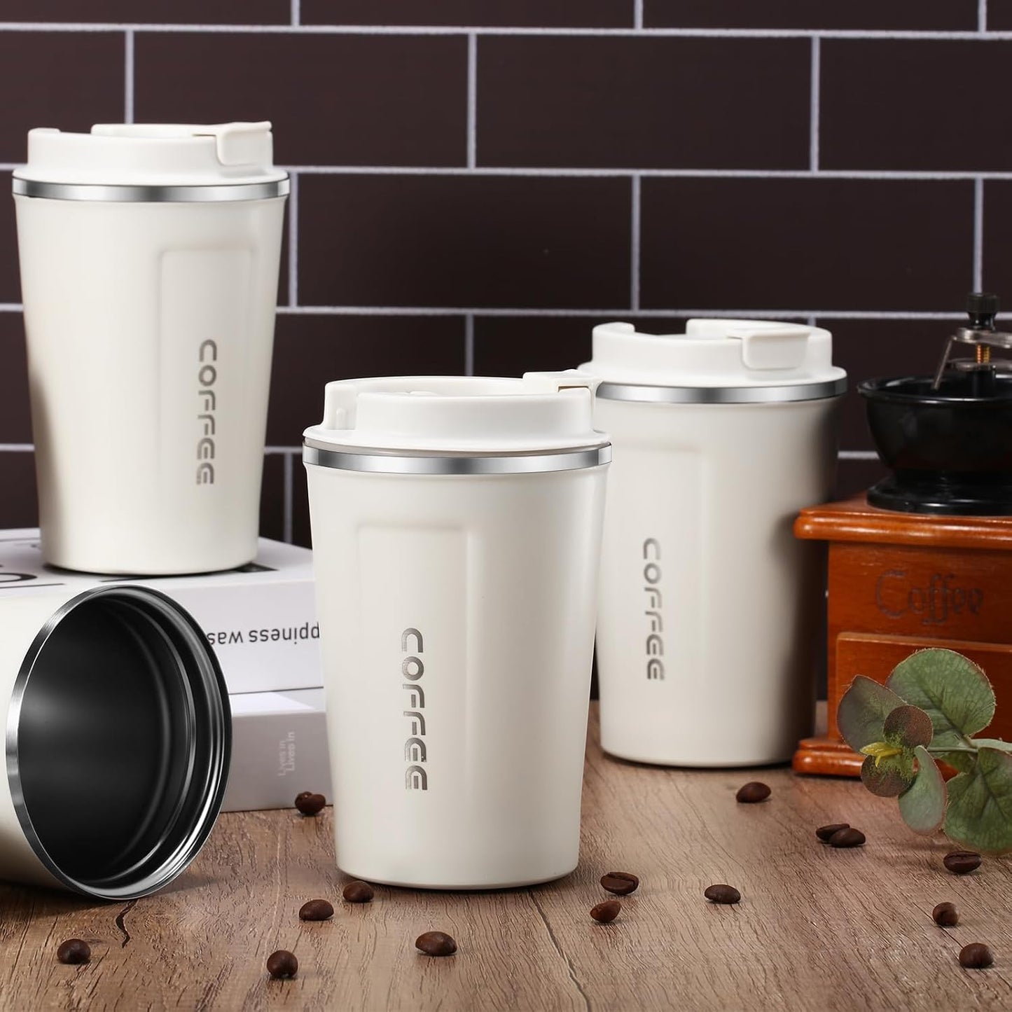 Sieral 4 Pcs 13 oz Travel Coffee Mug Insulated Reusable Coffee Cups with Leakproof Lid Stainless Steel Portable Tumbler for Keep Hot or Ice Milk Tea(White)