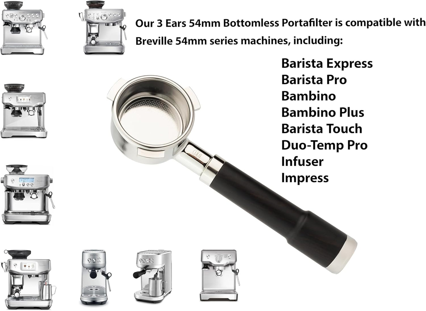 LILQ 54mm Bottomless Naked 3 Ears Portafilter | Compatible with Breville Machines | Stable Handle (Rosewood Flat, 54mm Breville)