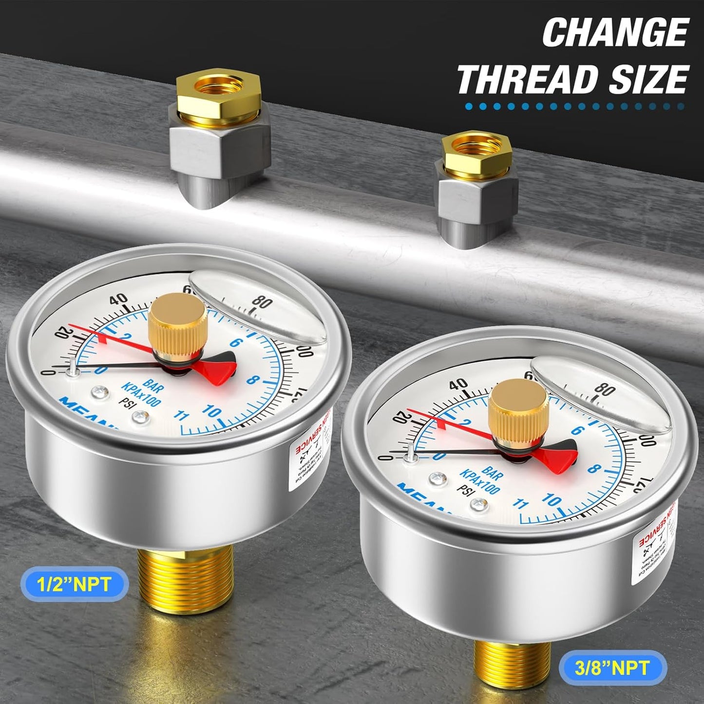MEANLIN MEASURE 0~160Psi Stainless Steel 1/4" NPT 2.5" FACE DIAL with Reset Pointer Liquid Filled Pressure Gauge WOG Water Oil Air, Back Mount, with Brass Hex Bushing
