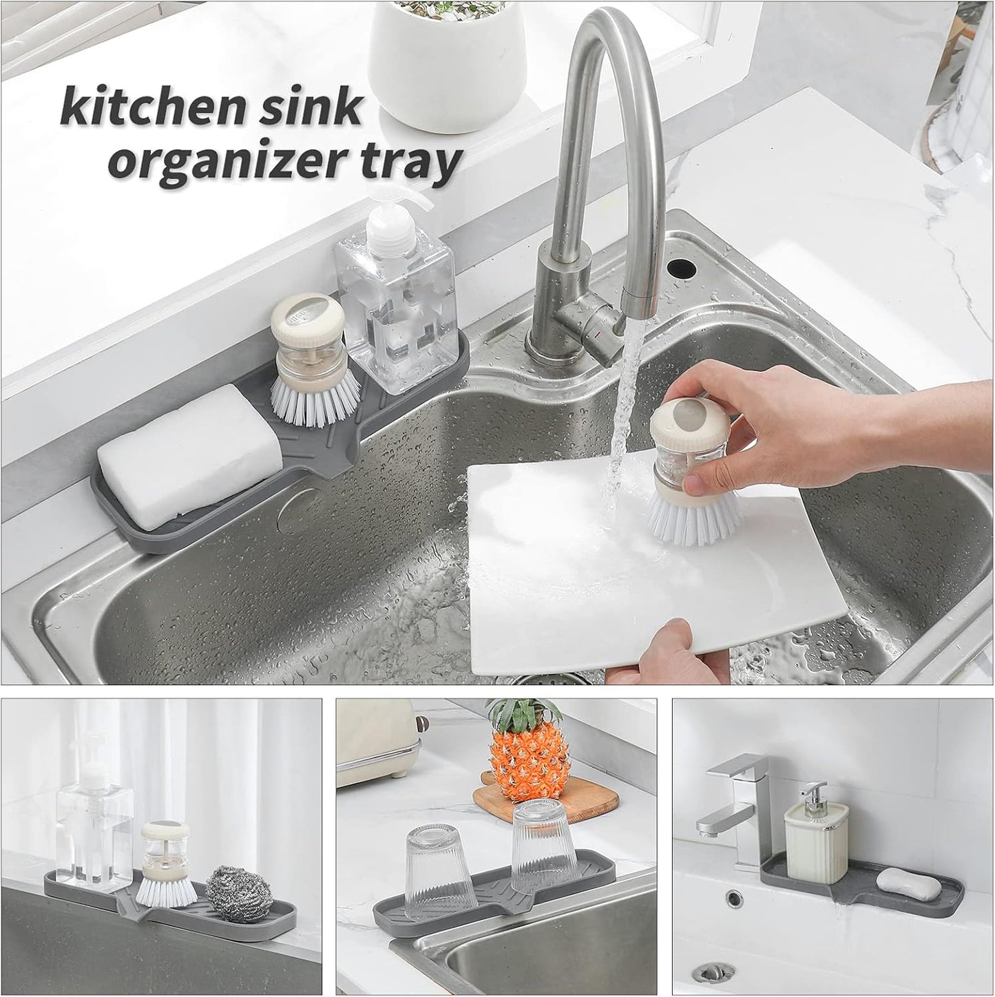 Silicone Bathroom Soap Dishes with Drain Spout-Bathroom and Kitchen Sink Organizer,Sponge Holder,Dish Soap Tray,Perfect for Dispenser,Scrubber,Bottle,Cup on Sink or Counter-Grey 12"×4"