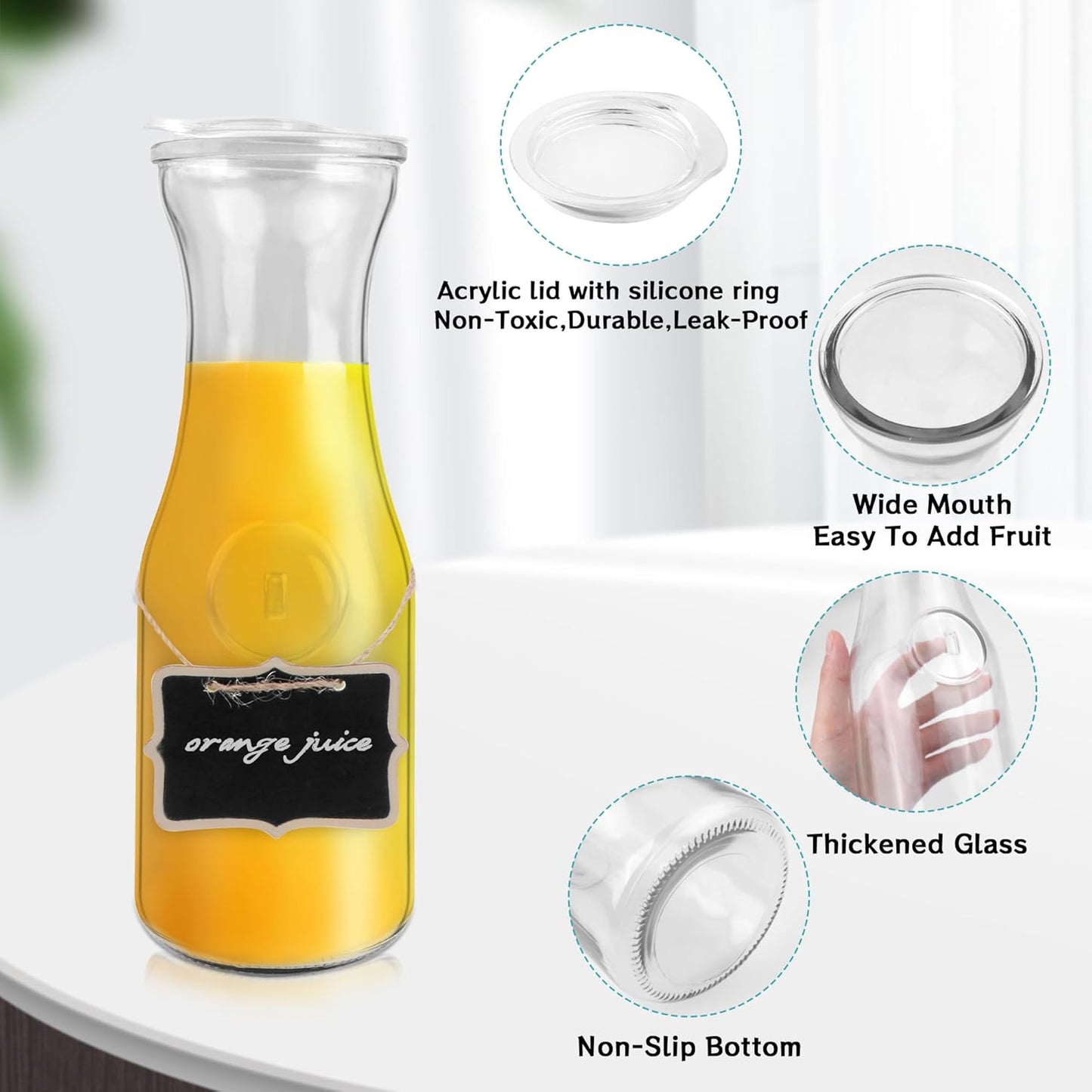 Glass Carafe with Acrylic Lid,35 Oz Beverage Dispensers Carafe,Mimosa Bar Supplies,Clear Glass Pitcher with Name Labels for Iced Tea,Coffee,Juice(Set of 4)