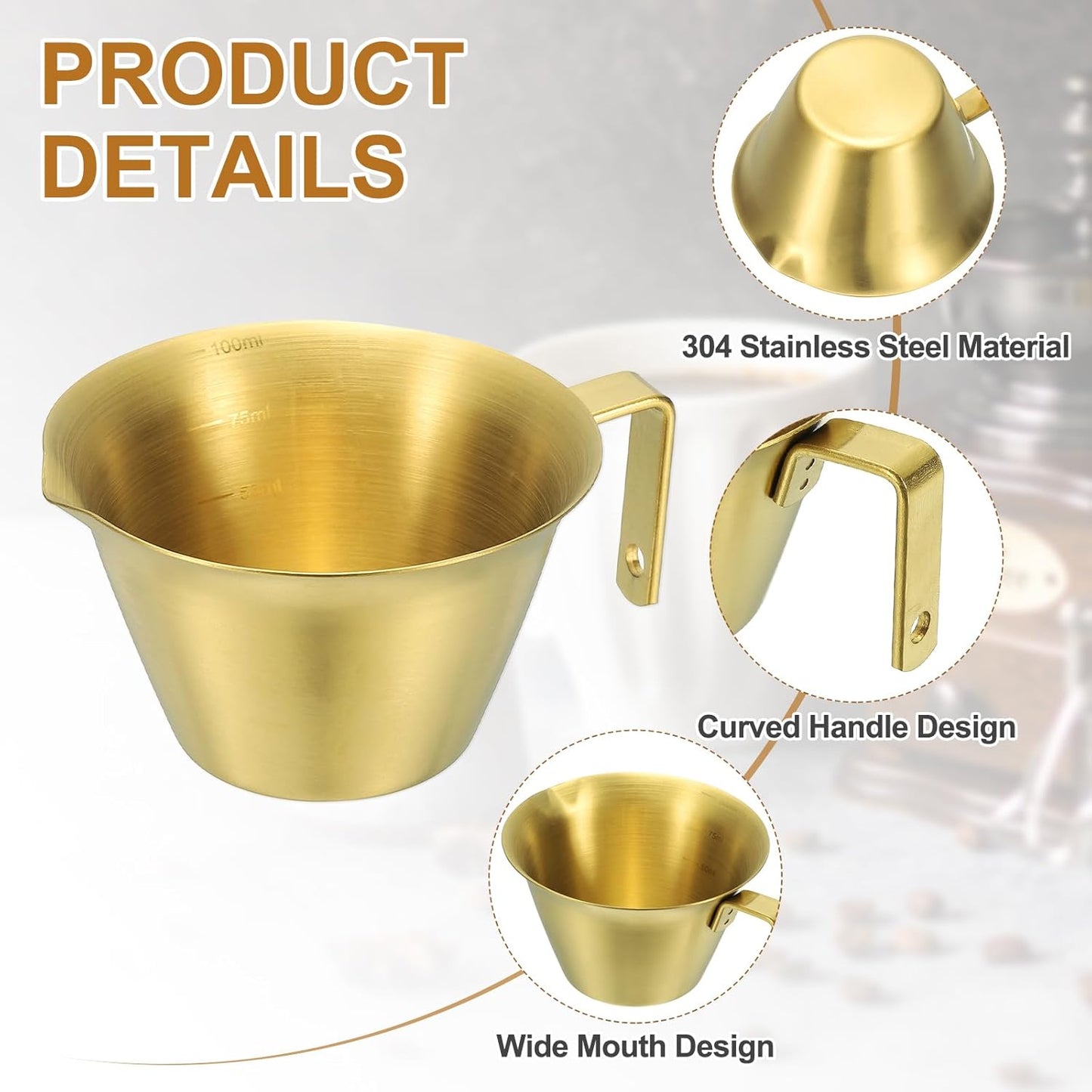 uxcell 2 Pcs Stainless Steel Espresso Cup with Handle, V-Shaped Mouth Espresso Measuring Cup with Scale for Preparing Coffee, Cocktails, 3.4OZ/100ML (Gold)
