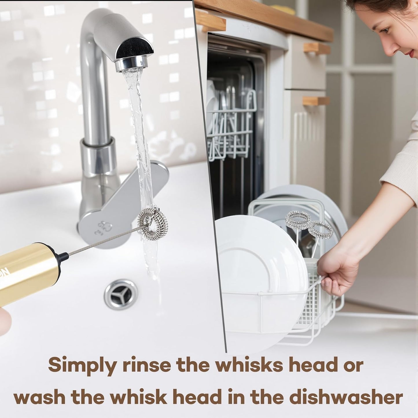 Rechargeable Milk Frother Handheld Electric Frother Wand Milk Foamer Drink Mixer for Coffee, Lattes, Cappuccino, and Egg, Stainless Steel for Travel-Beige