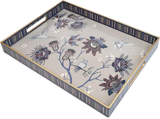 Rectangle Plastic Serving Tray with Handles, Elegant Decorative Tray for Coffee Table, Ottoman, Living Room, Kitchen, Outdoor Use. 12"*16"*1.6" A