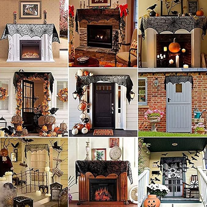 Hommtina 4 Pack Halloween Decorations Tablecloth Runner Black Lace Round Spider Cobweb Table Cover Fireplace Mantel Scarf Spiderweb with 60 Pcs 3D PVC Scary Black Bat Sticker Halloween Party Supplies