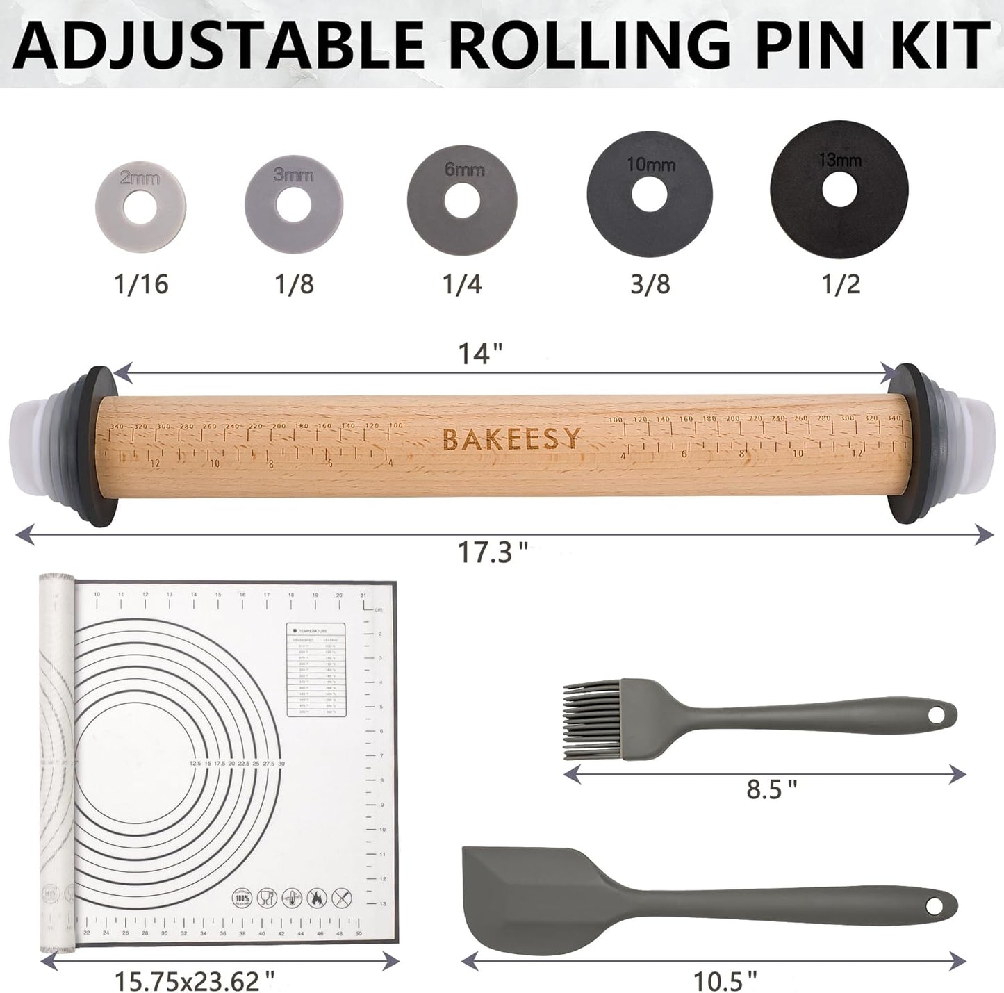 Bakeesy's 14' Wooden Rolling Pin Set with 5 Adjustable Thickness Rings - Roller Pin for Rolling Pizza, Cookie Dough, Pastry, Ravioli, Clay Slab - Full Set with Accessories - Perfect Baking experience