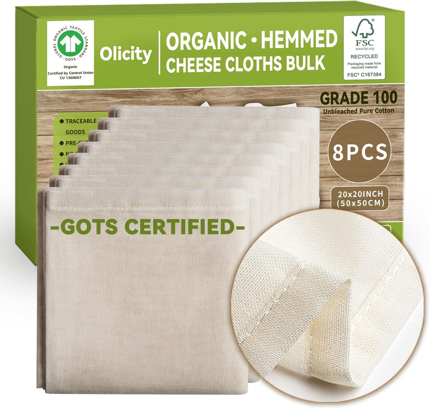 Organic Cheese Cloths, GOTS Certified, 8PCS, Grade 100, 20x20Inch Hemmed Cheese Cloth Fabric Reusable Fine Mesh Cloth, 100% Cotton Unbleached Muslin Cheesecloth for Straining, Cooking, Baking, Cheese