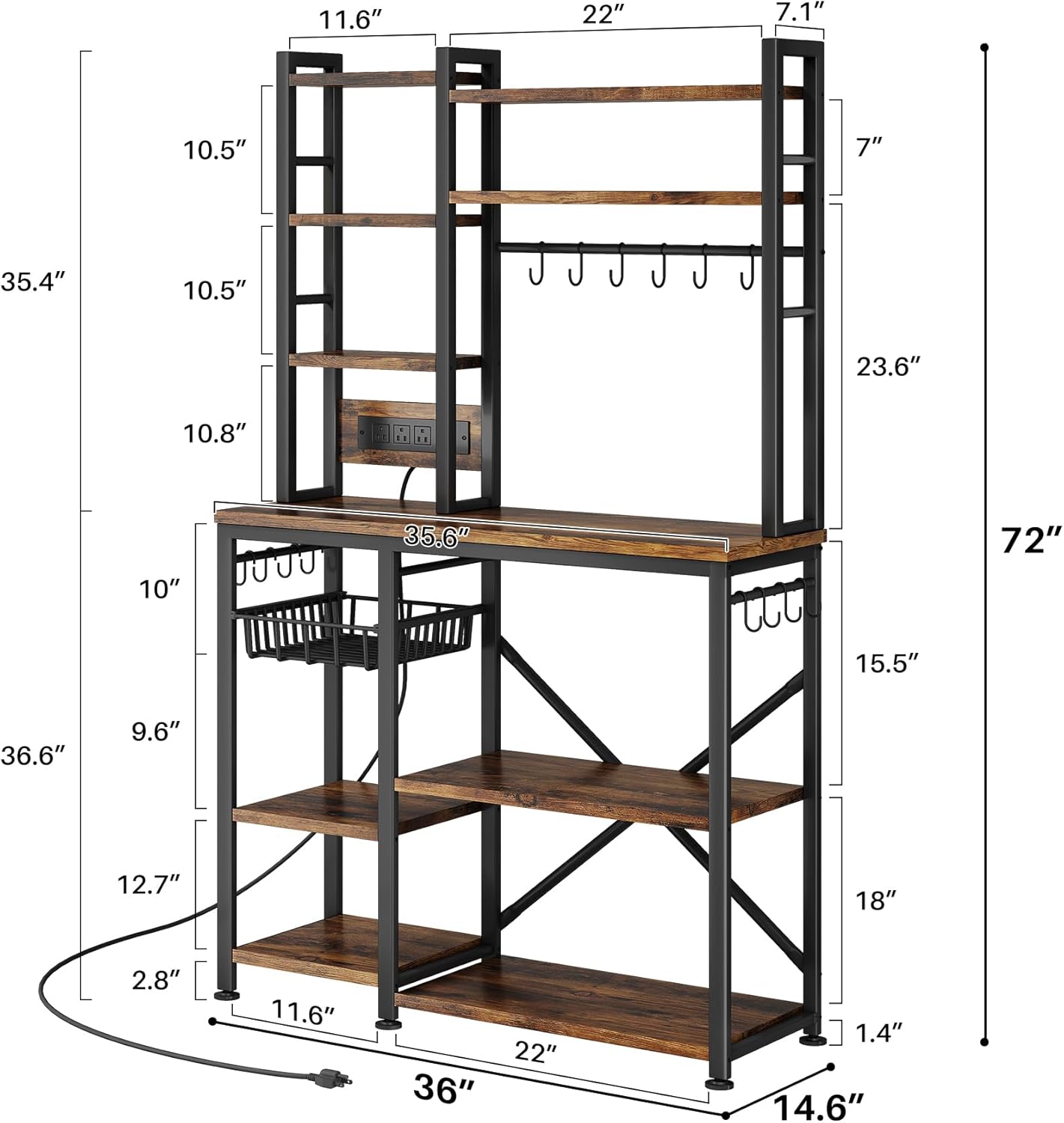 Baker Rack with Power Outlet - Microwave Stand with Storage, Large Coffee Bar Station with 14 Hooks, Metal Kitchen Shelf Rack for Spices, Pots (Rustic Brown)