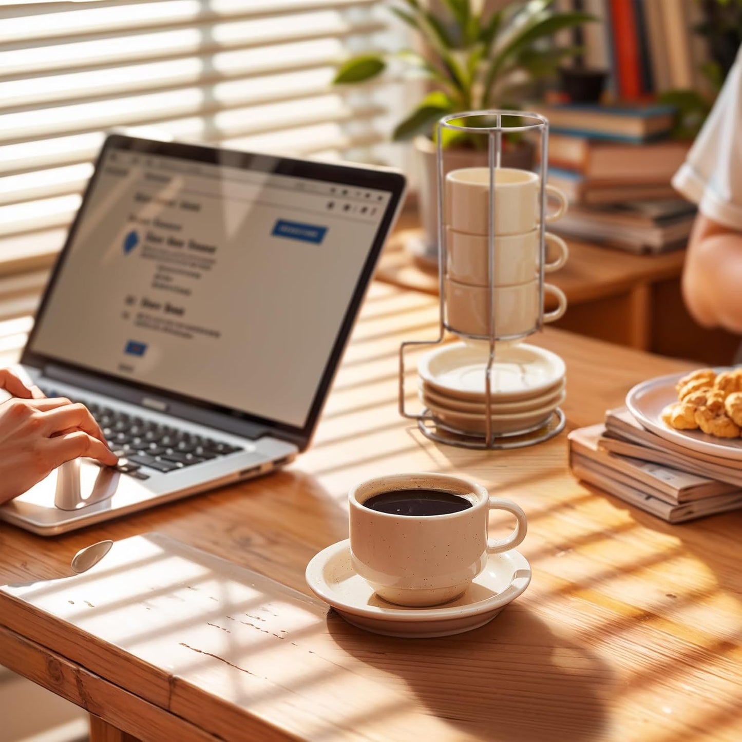 Sweese Porcelain Espresso Cups Set, 2.5 oz, Stackable with Saucers Metal Stand, Beige, 4 Pack