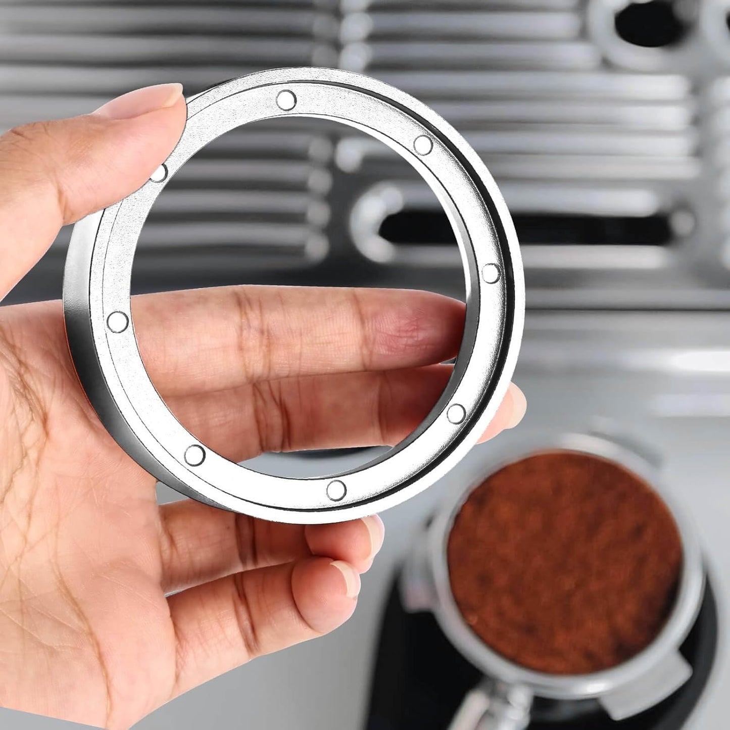 54mm Magnetic Dosing Funnel and Puck Screen Set - Espresso Coffee Dosing Ring - 19mm Anodized Aluminum with 8 Neodymium Magnets Fits 54mm Breville Portafilter (Silver)