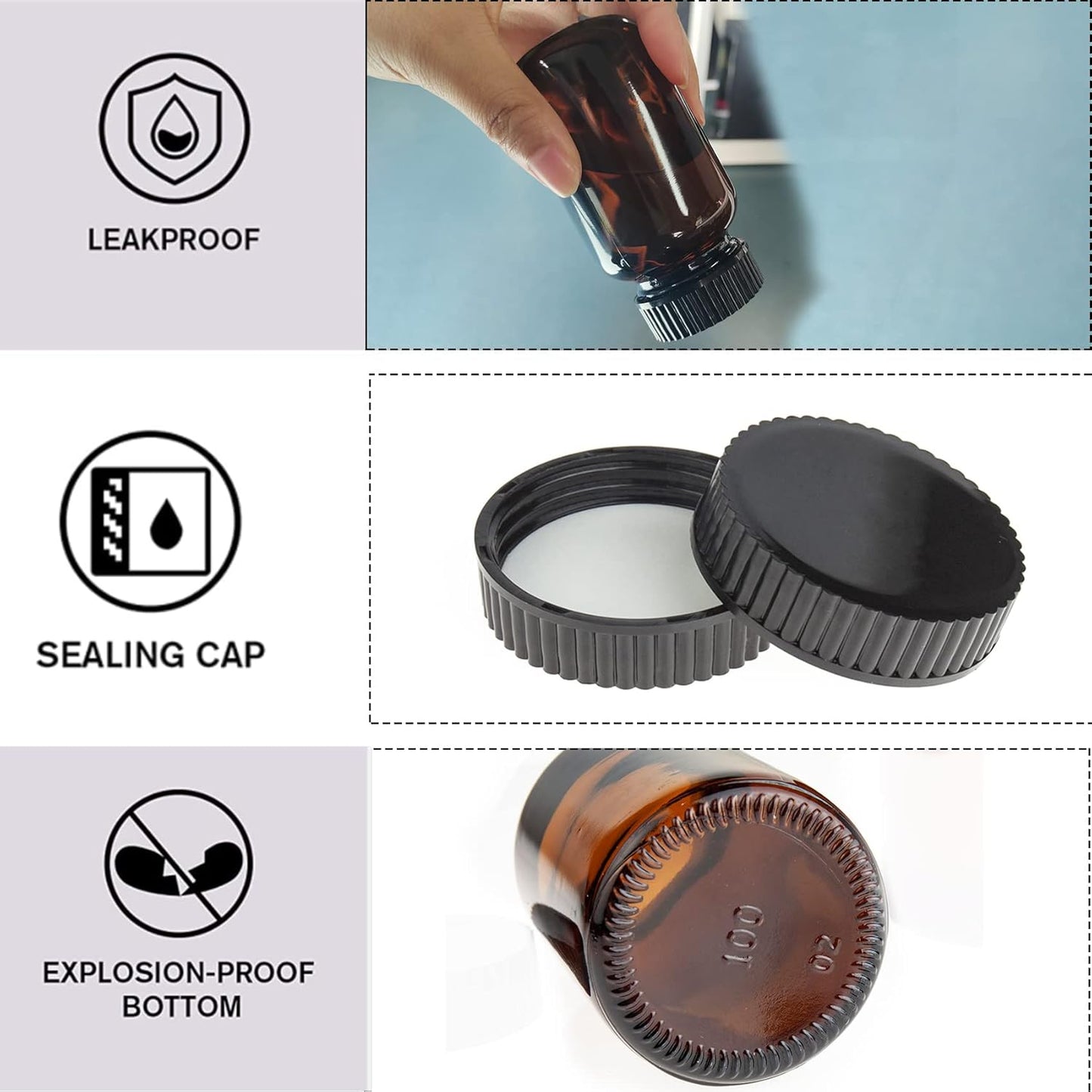 Wide Mouth Packer Bottle, Amber Glass, 500 ML (16 OZ) Capacity with 53-400 Black Polyethylene Screw Cap Lined PE Septa, Package of 12 Units