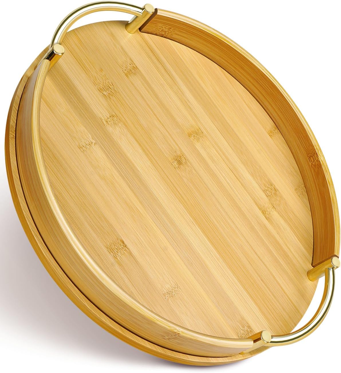 JUPELI 14″ Round Bamboo Serving Tray with Handles – Decorative Tray, Breakfast Tray, Coffee Table Tray, Ottoman Tray, Kitchen Platter for Drinks, Snacks, Vanity, Home Decor & Gifts