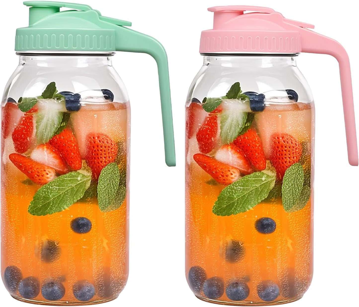 2 Pack 64oz Glass Mason Jar Pitchers with Airtight Lids & Handles – Wide Mouth, Leak-Proof Jars for Sun Tea, Cold Brew, Lemonade, Iced Coffee, and More