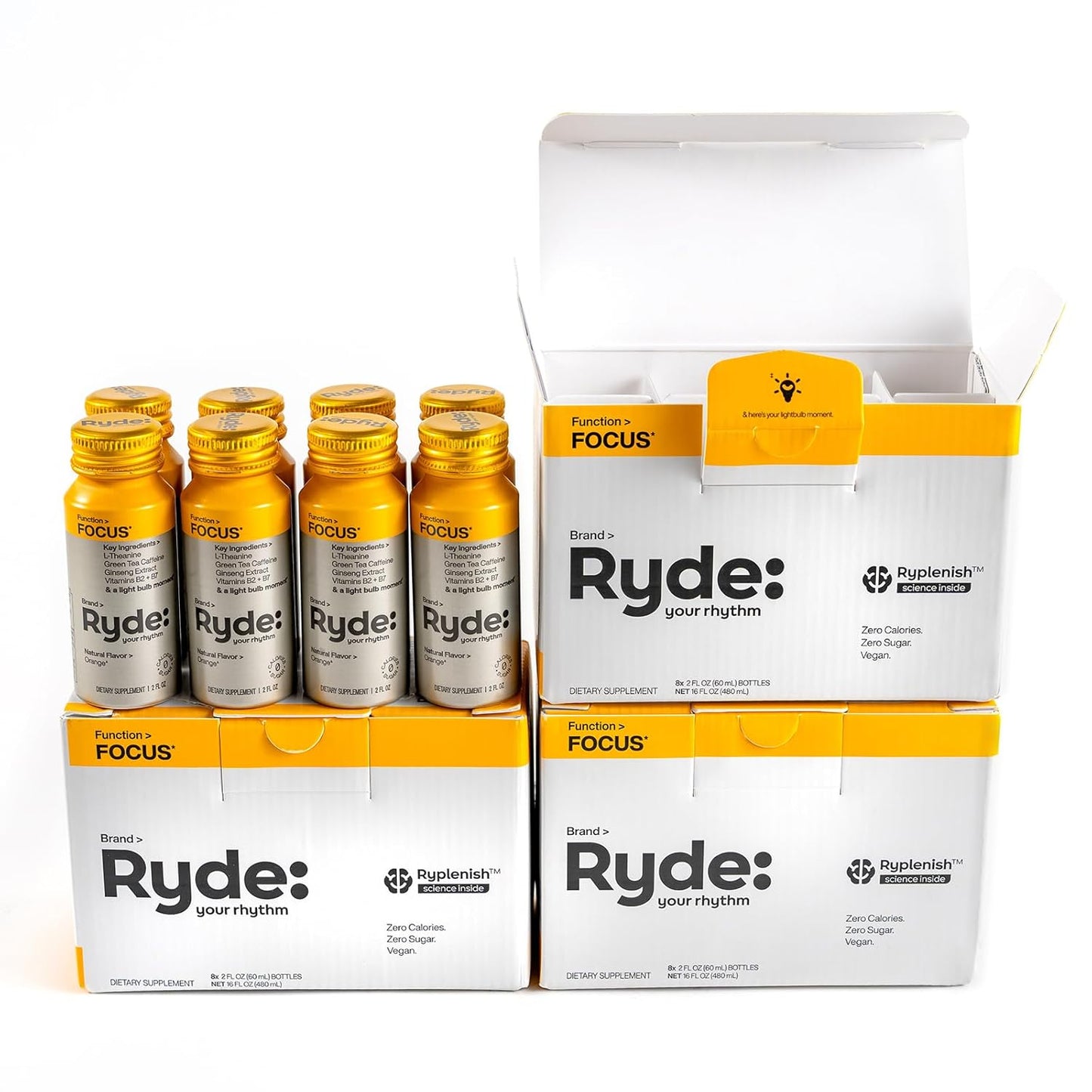 Ryde: Focus Shot | Orange Flavor | L-Theanine & Ginseng | Green Tea Caffeine | Vitamins B2 & B7 | 0 Calories, 0 Sugar | 2 FL OZ Shots | Supports Focus* (24 Pack)