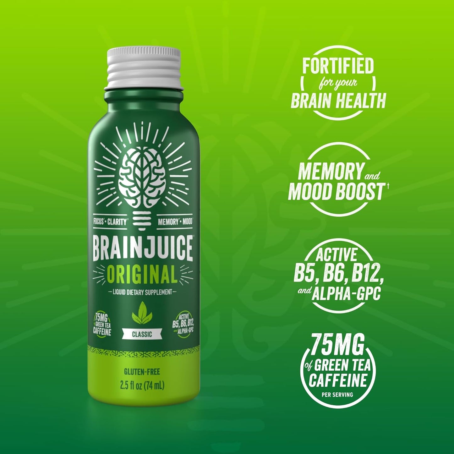 BrainJuice Focus & Energy Drink Shots, Nootropics with Alpha GPC, B Vitamins & Organic Green Tea Caffeine, Supports Focus, Memory & Clarity, Non-GMO, Gluten Free, Classic, 2.5 fl oz, 12 Pack