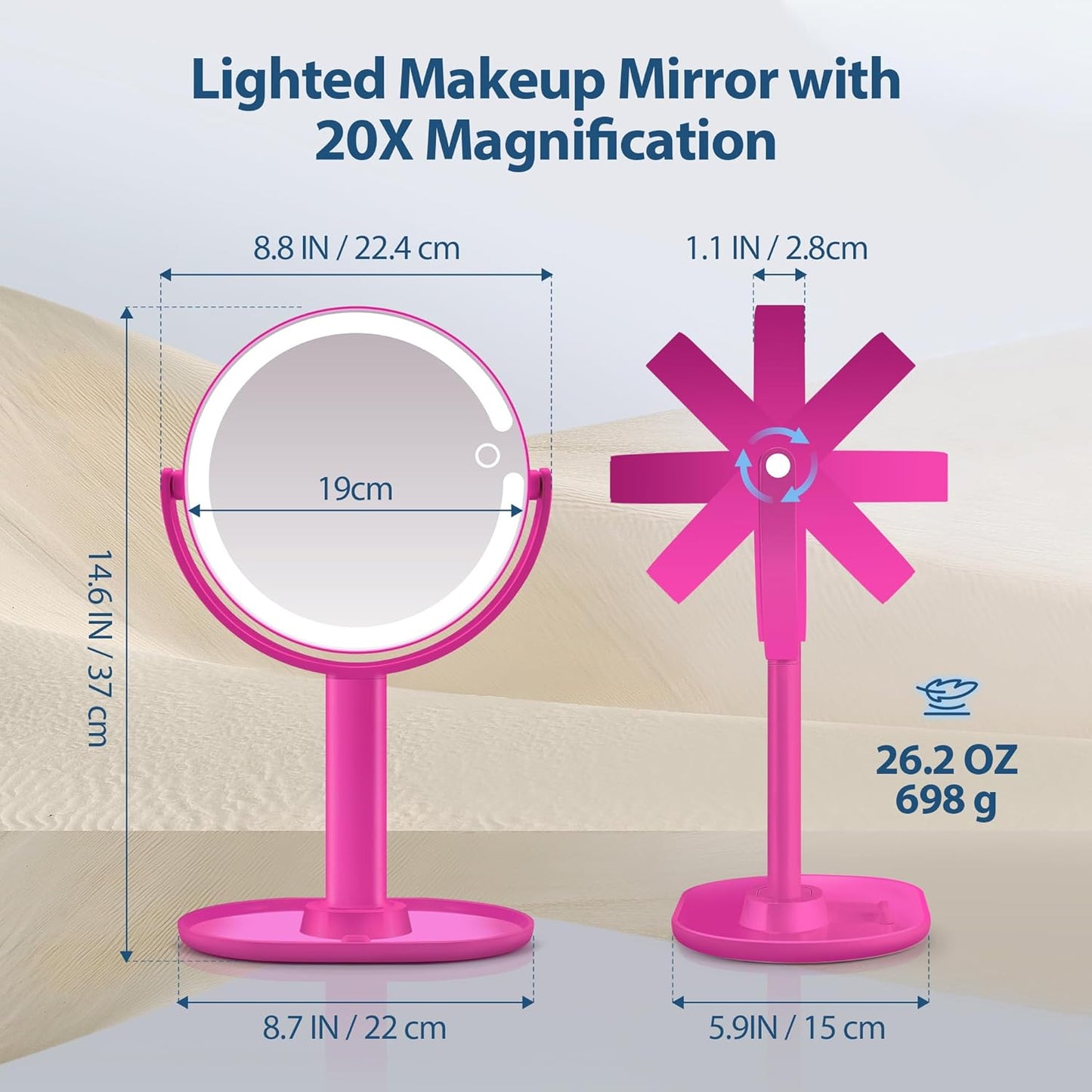 MIYADIVA Lighted Makeup Mirror, Type-C Rechargeable 20X Magnifying Mirror, 2-Sided Vanity Mirror with 3 Adjustable Lighting Modes, Focus on Detailed Makeup, Bathroom, Travel, Gift for Women Hot Pink