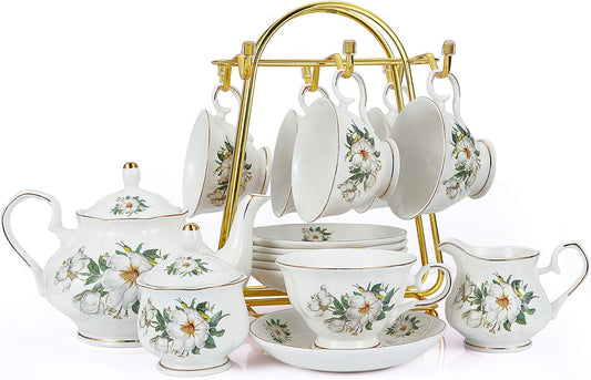 CHENP.HMC Porcelain Tea Set Tea Cup Set 22-Piece Porcelain Ceramic Coffee Tea Gift Sets Cups Saucer Service for 6 Teapot Sugar Bowl Creamer Pitcher and Teaspoons tea pot sets(Camellia)