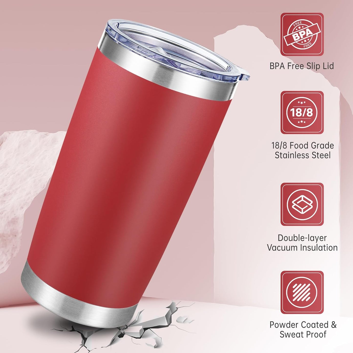 20 oz Tumblers Bulk Stainless Steel Tumbler with Lid Double Wall Vacuum Insulated Coffee Mug 20oz Powder Coated Cup for Hot and Cold Drinks, Red, 12 pack