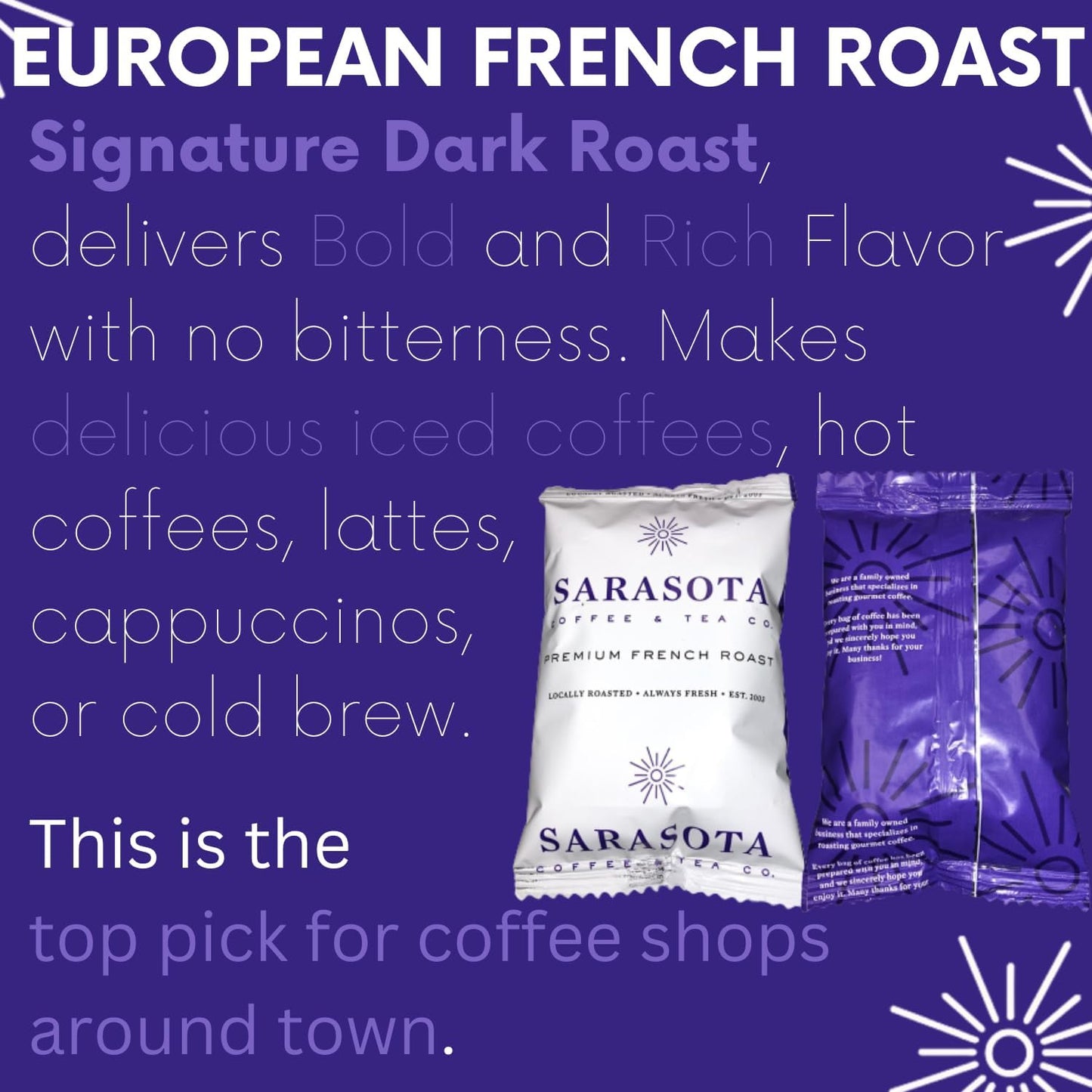 Sarasota Coffee Ground Packets | Gourmet Dark French Roast Ground Coffee Packs | Cubano European | Low Acid Mold Free Singles Individual Pouches for 12 Cup Coffee Maker | 2 Ounce Bags, 12 Count