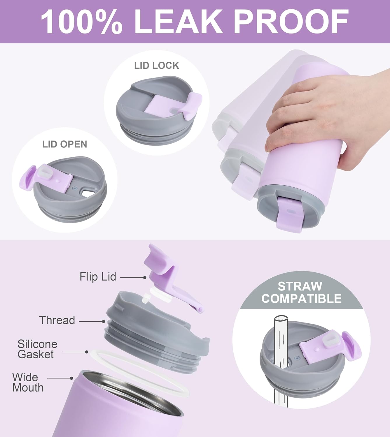 SUNWILL Travel Coffee Mug with Lid, Leak Proof Tumbler Stainless Steel, 16 oz Insulated Cup for Water, Tea, Ice, Powder Coated Lavender