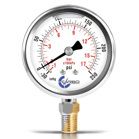 Stainless Steel Pressure Gauge Dual Display (-30 Hg - 0-250 psi/kPa) - 2 1-2" Glycerine Liquid Filled Water Air Oil Gas Gauge with Polycarbonate Lens - Compound Vacuum - 1/4" NPT