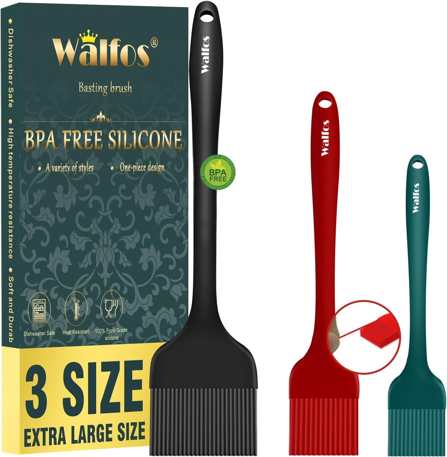 Walfos 3 Size Basting Pastry Brush, Silicone Pastry Brushes for Barbecue, Baking, Desserts, Cooking Brush for Kitchen - Strong Stainless Steel Core