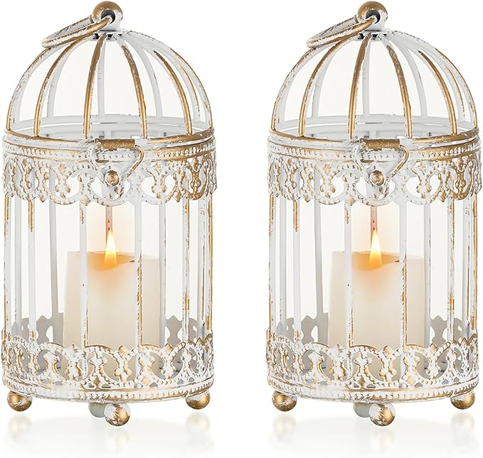 NUPTIO Tea Light Candle Holders: 2 Pcs 6 inch H Distressed White Bird Cage Lantern Centerpiece Hanging Metal Birdcage Tealight Votive Holder for Home Fireplace Dining Table Living Room Decoration