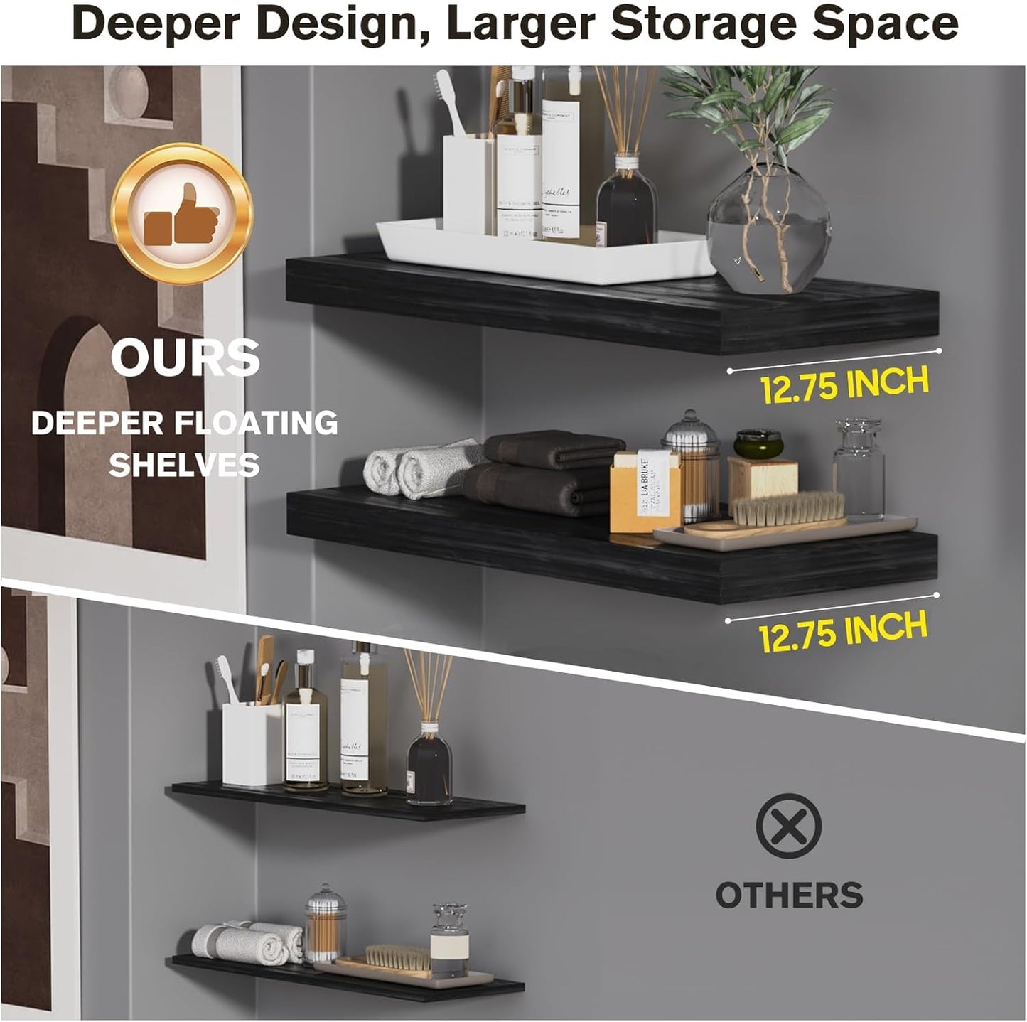 Floating Shelf, Set of 2 Wall Shelf, 36 in W x 12.75 in D x 2 in H Wooden Floating Wall Shelf with Invisible Brackets for Living Room/Bedroom/Bathroom/Kitchen Storage and Decor, Black Wood