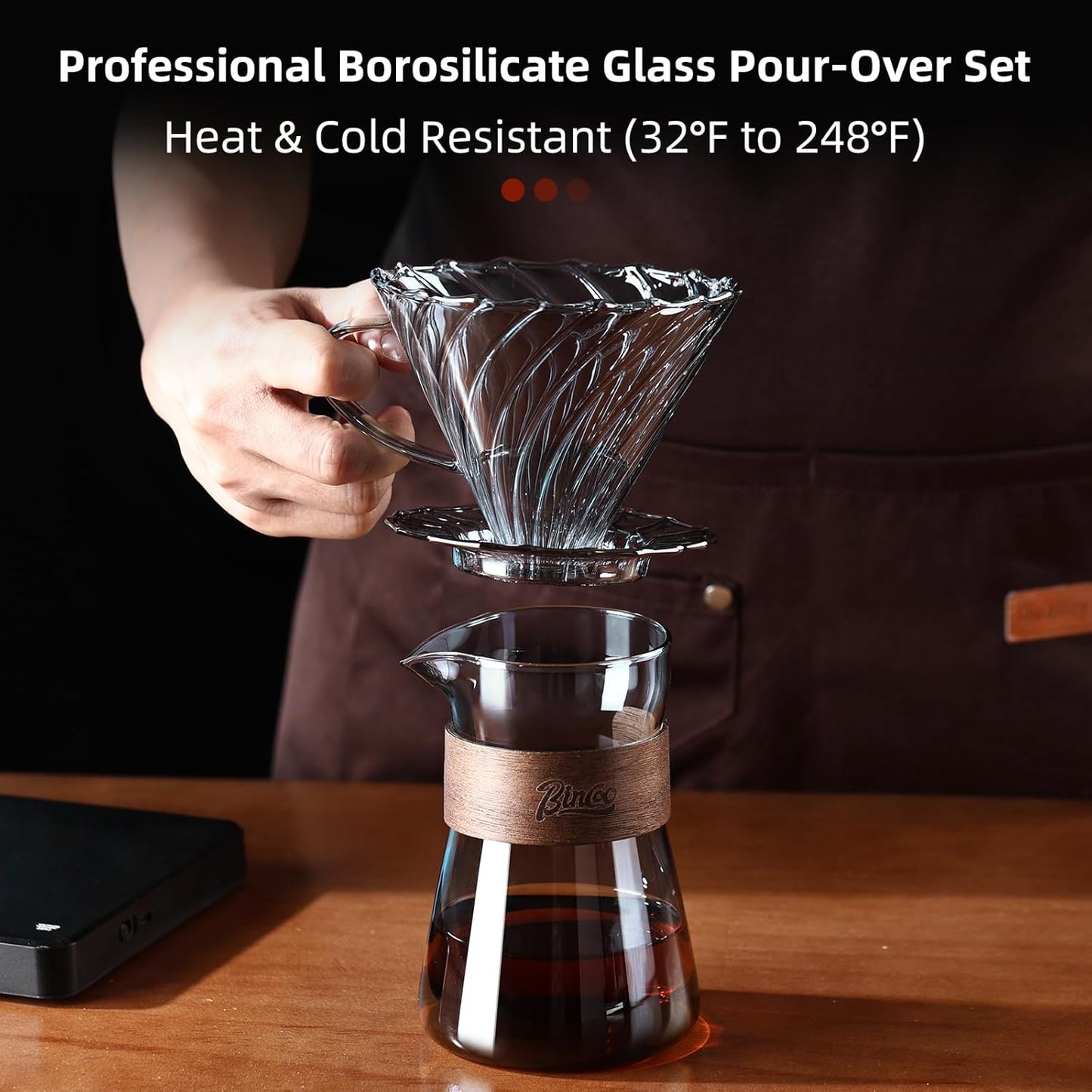 Bincoo Pour Over Coffee Dripper Set, Drip Coffee Maker, Included Borosilicate Glass Carafer and Coffee Dripper & 50 Pcs Size 02 Paper Filter, 16oz(500ml) (Smoky Gray Set)