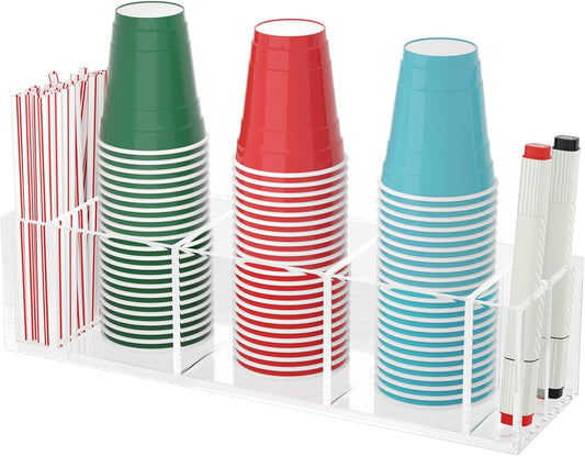 Triple Cup Holder With Marker Slot, Party Dispenser Acrylic Organizer, Mark Your Drink Caddy, Modern Bar Counter Decor, Clear