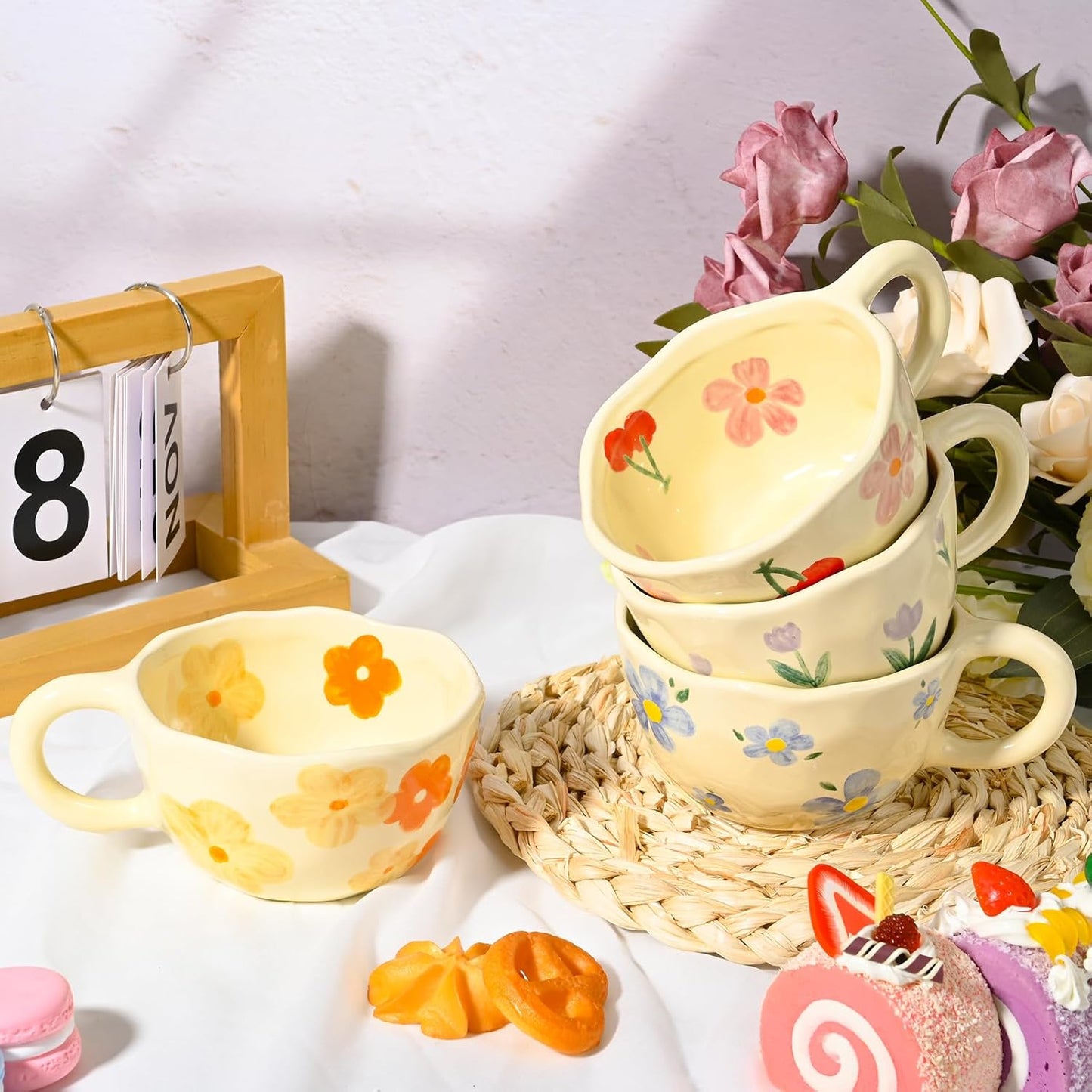 Ceramic Coffee Mug Vintage Flower Mugs 8 oz Cute Floral Coffee Mugs Irregular Latte Art Cup Lead-free Porcelain Cups for Cappuccino, Cocoa (4 Pack)