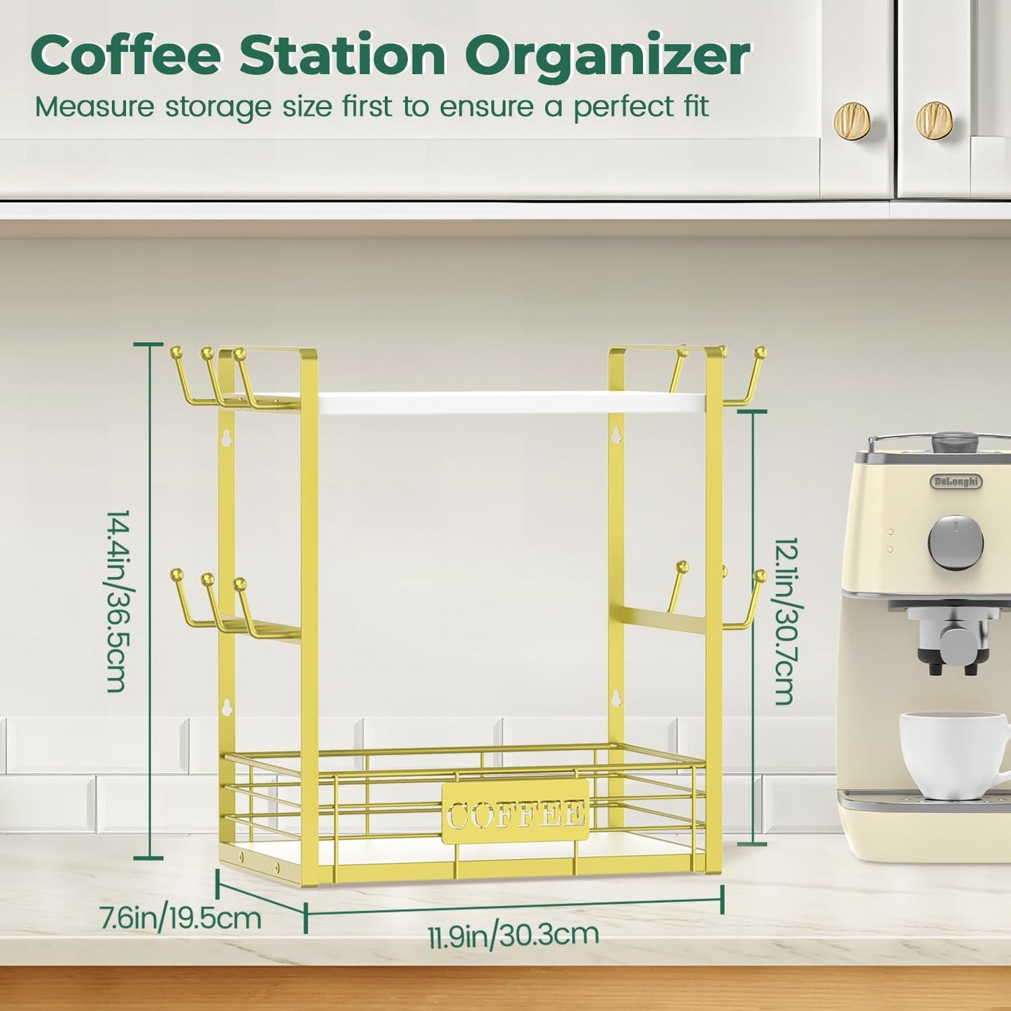 EsLuker.ly Coffee Mug Cup Holder Tree Bar Station Organizer, 2 Tier Mug Stand Rack for Countertop Kitchen, Storage Tower Display Shelf with 12 Hooks, Coffee Nook Enhancer, White-Gold